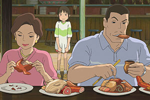 two parents gorge themselves on meat