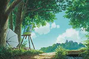 an easel with a landscape painting on top of a hill