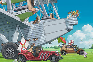 a giant plane with cards driving next to it