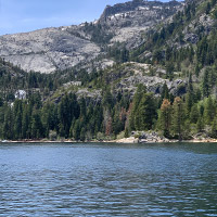 View of the Lake Tahoe shoreline and mountain beyond