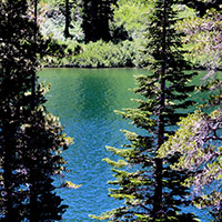 Emerald and blue water of Echo Lake with trees in the foreground 
