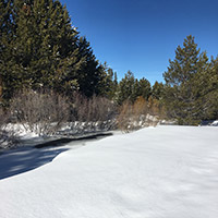 Snow covered riverbank with view of the water