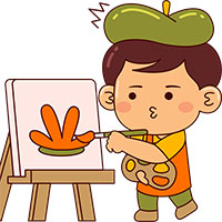 Boy holding a paint brush and painting on a canvas