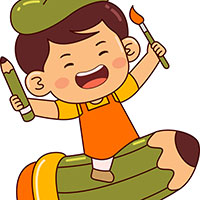Boy holding two paintbrushes and flying away on a pencil