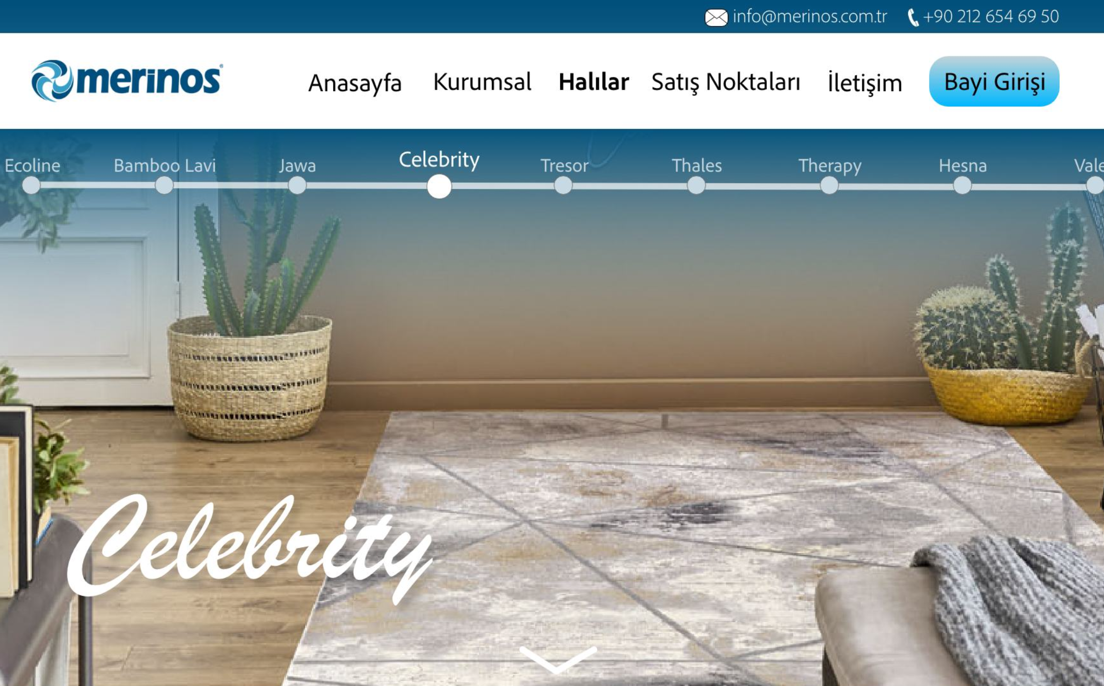 Merinos website screenshot showing products page.