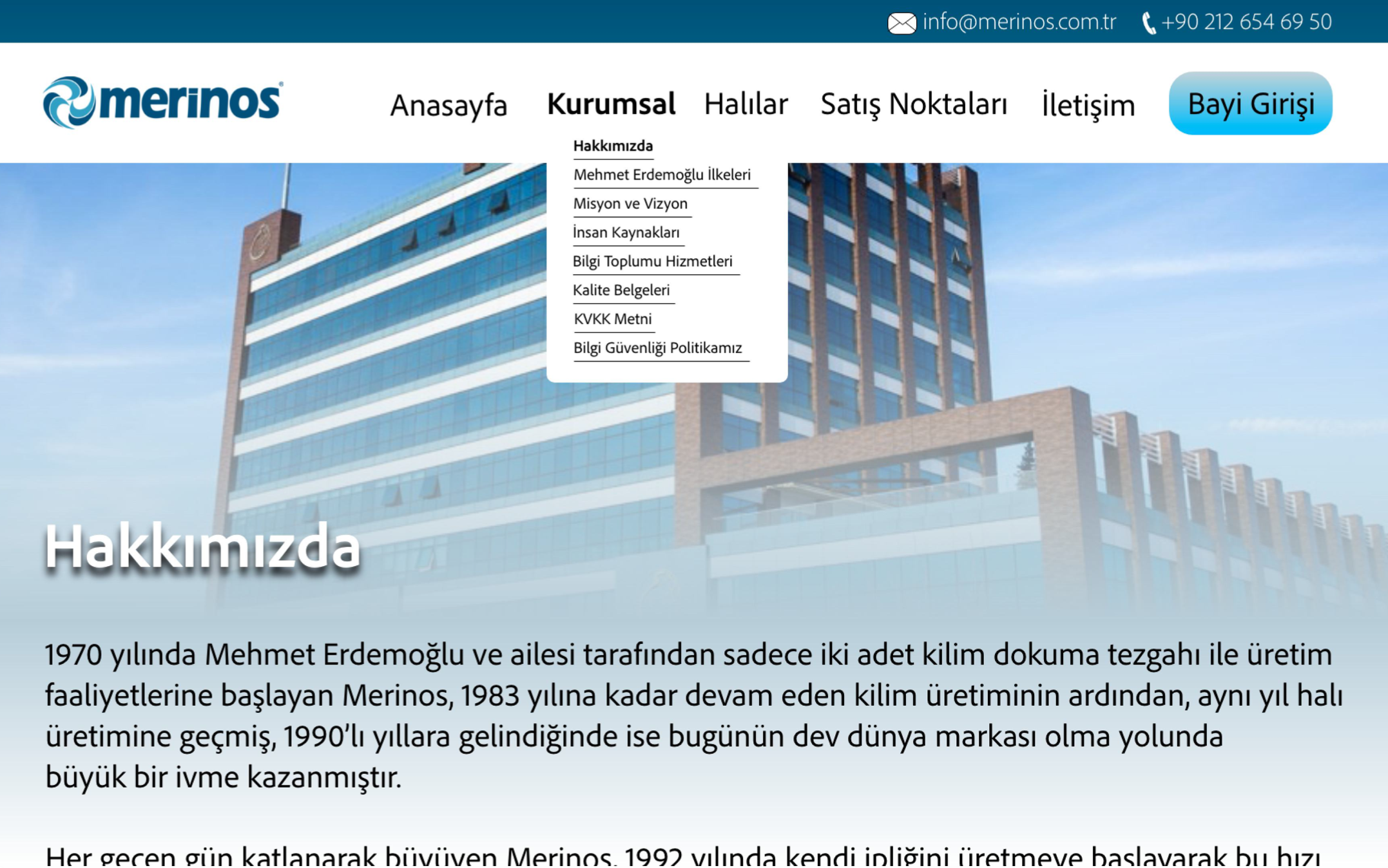Merinos website screenshot showing about us page and hovering on dropdown menu.