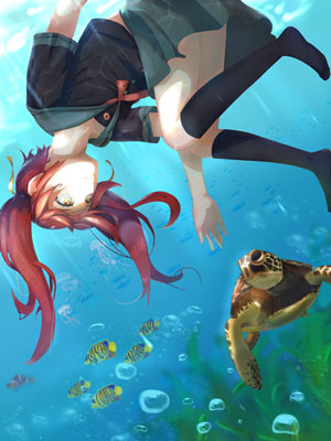 An anime girl floating underwater next to a school of fish and a sea turtle. She has red hair and is wearing a school uniform.