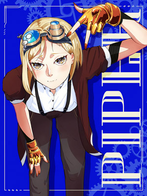 An anime girl giving a peace sign while leaned over with a blue background decorated with gears and "Piper" displayed in large letters.