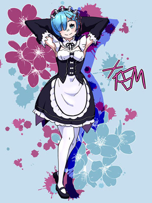 A full-body illustration of the character "rem" from "Re:Zero" with her hands behind her head and smiling in front of a background of flowers and the word "REM" displayed next to her.