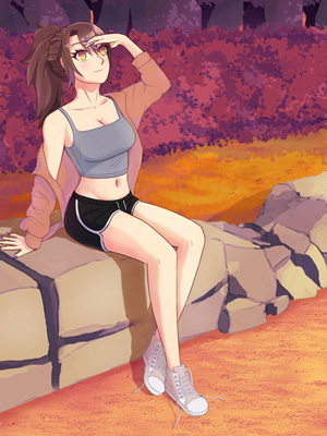 An anime-styled woman in running clothes sitting atop a crumbled stone wall gazing off into the distance.