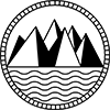 circular black and white logo of mountains and water