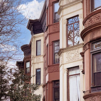 A line of brownstone homes in Manhattan