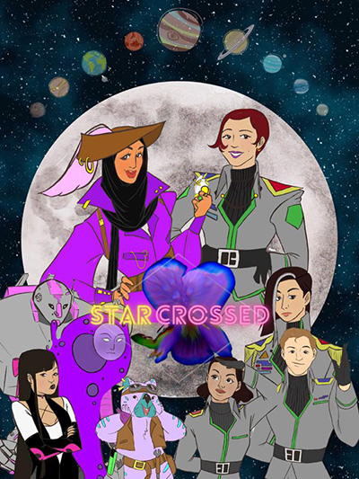 Starcrossed Podcast Poster with logo and characters on a space background