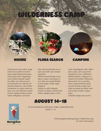 A flyer for a park camp detailing different activites
