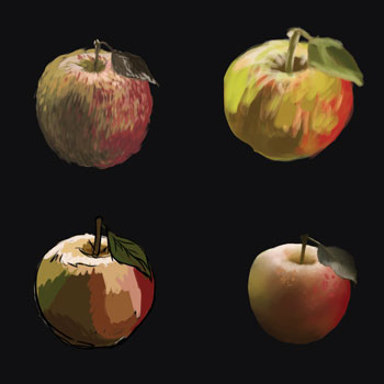 4 identical apples depicted in varying art styles sit in the 4 corners of the image