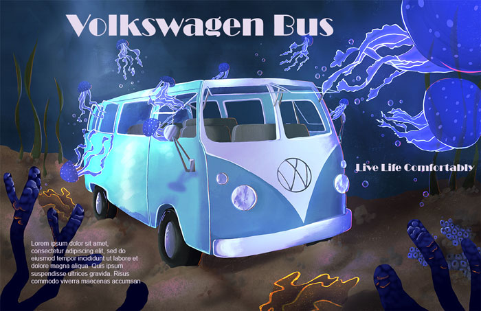 A mint and white volkswagen van sits on the ocean floor as jellyfish surround it