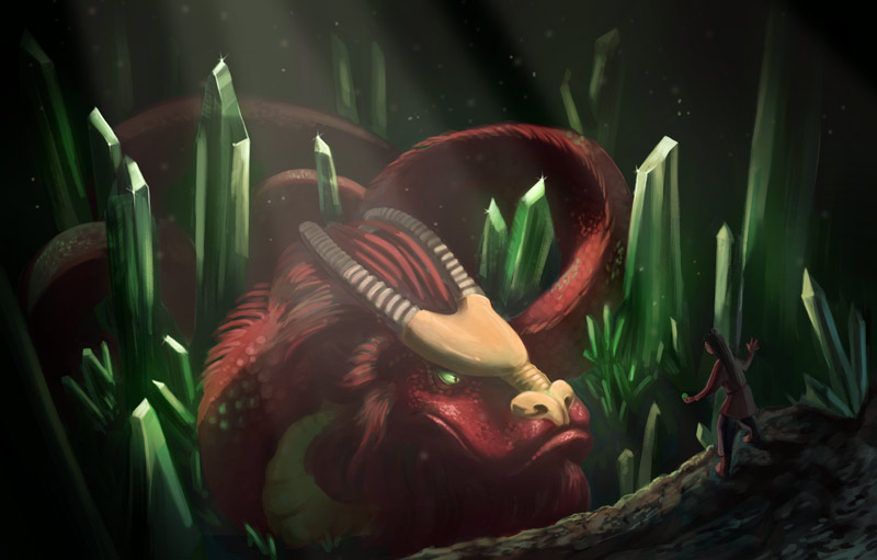 Illustration of a Japanese dragon in an emerald cave.