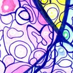 Thumbnail preview. Blue marker swirls and circles on top of a pink, yellow and green background.