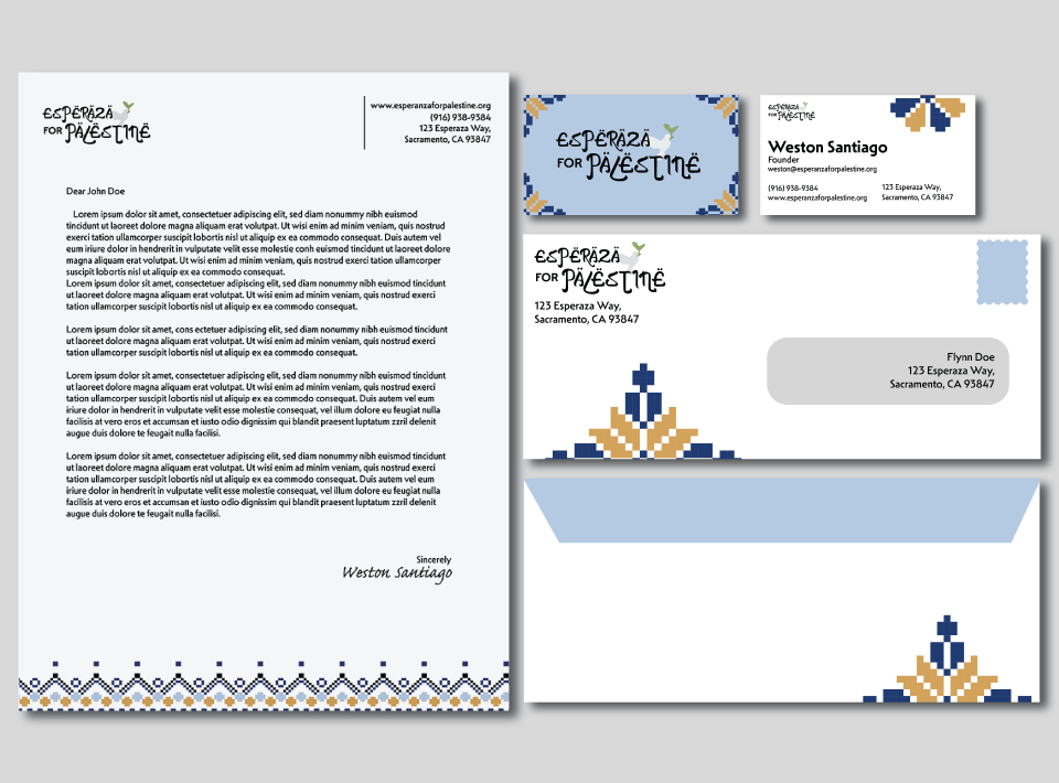shows the brands business system, includes letterhead, business card and envelope