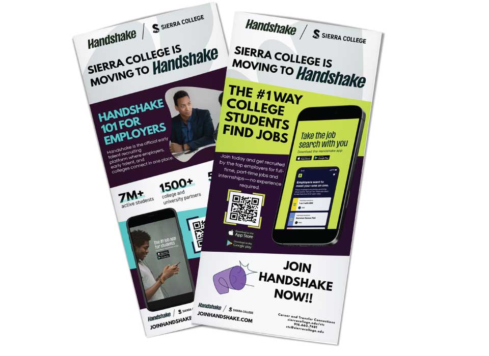 Shows two rack cards, information about handshake, a job-finding platform for students.