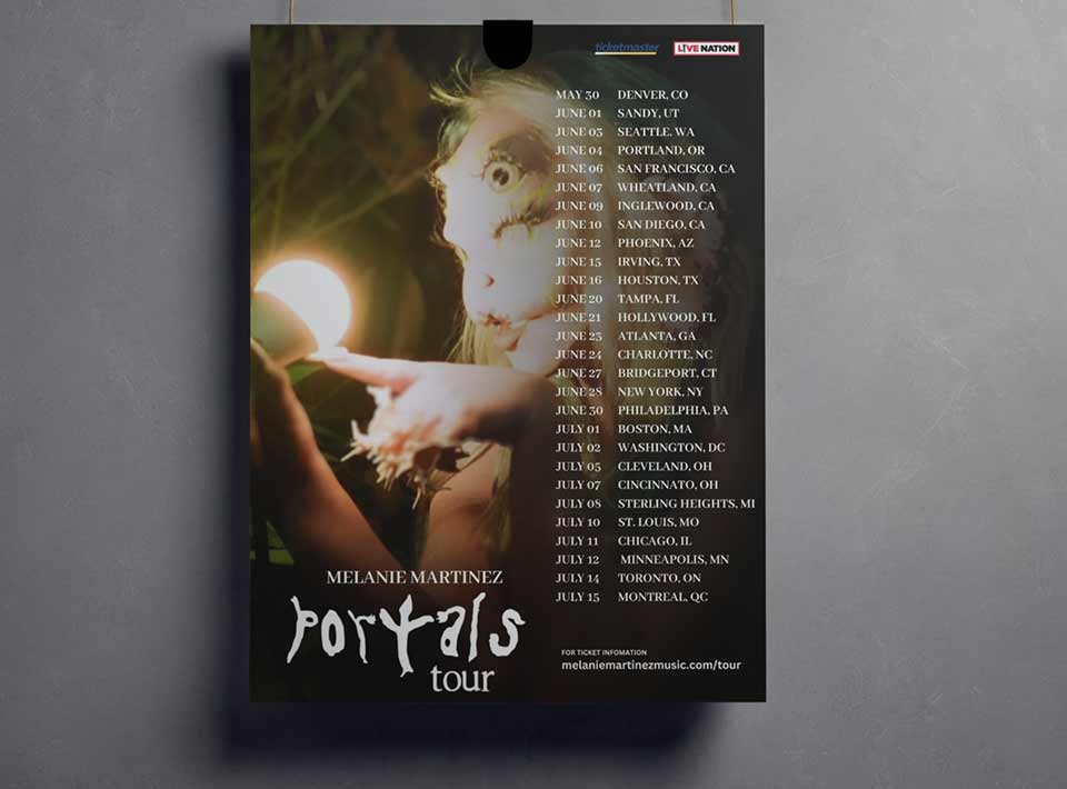 shows a poster hanging from the ceiling