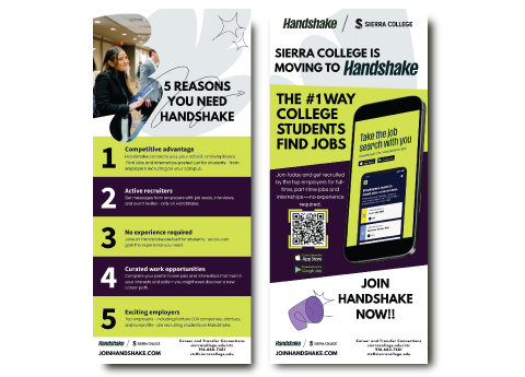 Shows a green and purple rack card which is Handshake Information to student