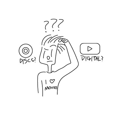 A simple, black and white doodle featuring a man debating whether to go with discs or digital