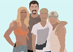 This is a portrait of a family of 4. They do not have eyes or a nose, as an example of a different style of design.