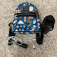 Backpack, water bottle, headphones