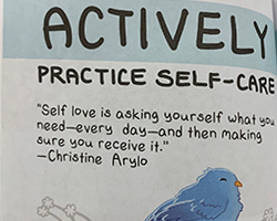 Image of a page of a book saying Actively practice self-care.
