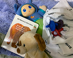 Image of childrens toys, blanket and book. 