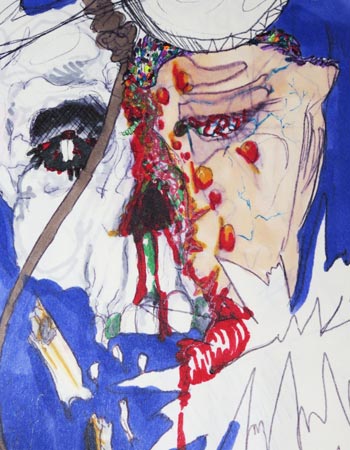 Half skull/ half face woman. Boyles, veins and blood on the face, a rat peeking from the eyesocket of the skull.