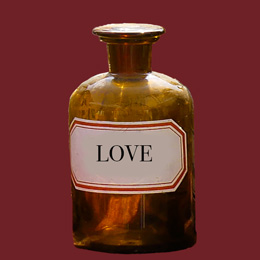 potion bottle marked Love, a love potion with a red background