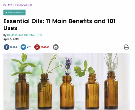 screen shot of an article about essential oil benefits