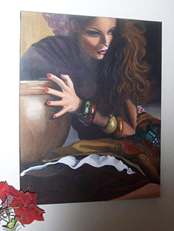 Painting of a woman in a dress with long hair sitting next to a large bowl
