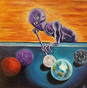 Painting of an alien playing pool with planets