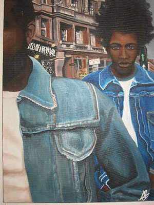 Painting of 2 African American men in jean jackets