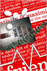 Photoshop scannography depicting a book with some eucalyptus, red