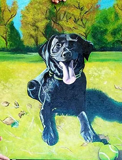 Painting of a black dog sitting in green grass at park with a green ball
