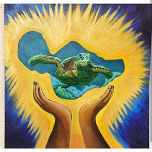 Painting of sea turtle under water in in the shape of maui, glwoing, lifted up by hands