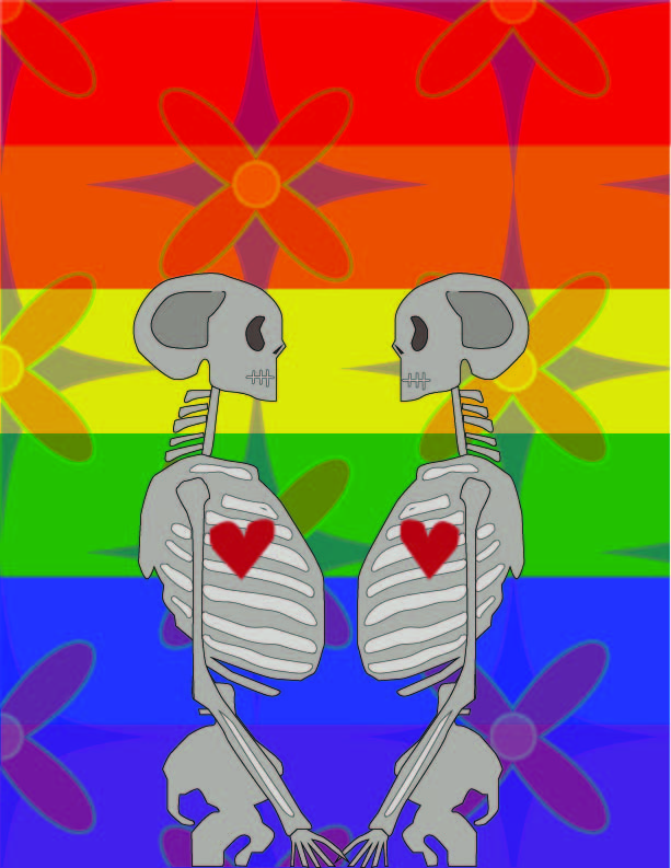 illustrations of skeletons looking at each other