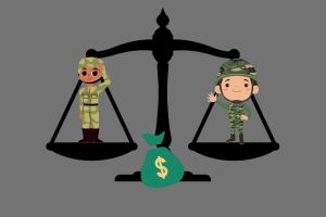 balance with a money bag in front of it and two soldiers standing on the balance plates