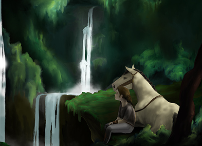 Digital painting of a horse and girl at a waterfall