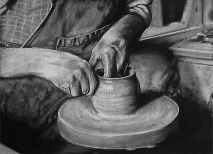 Charcoal drawing of a potter making a pot