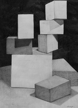 Graphite drawing of stacked boxes