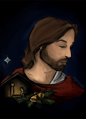 Digital painting of Jesus Christ and Christmas