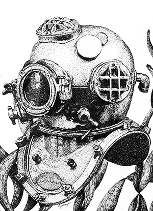 Ink drawing of Scuba Diver Helmet