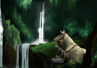 Digital painting of a horse and girl at a waterfall