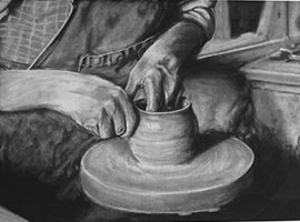 A black and white charcoal drawing of a potter's hands making a pot out of clay.