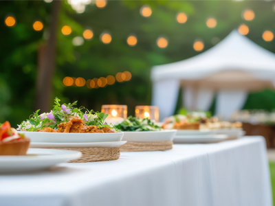 food laid out on a table with white cloth